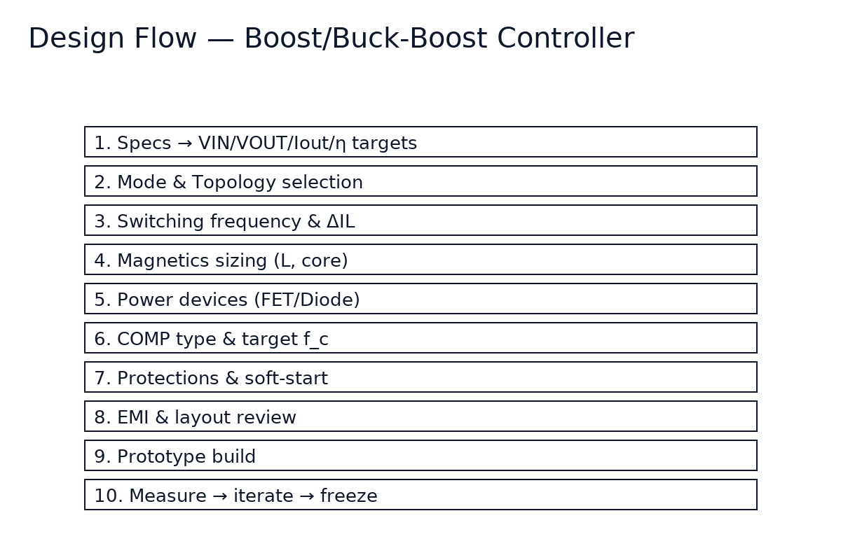 Ten-step design flow from specs to validation for boost/buck-boost controllers.