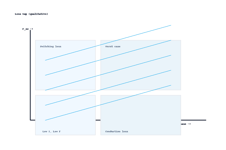 Conduction versus switching loss map for DrMOS across current and switching frequency.