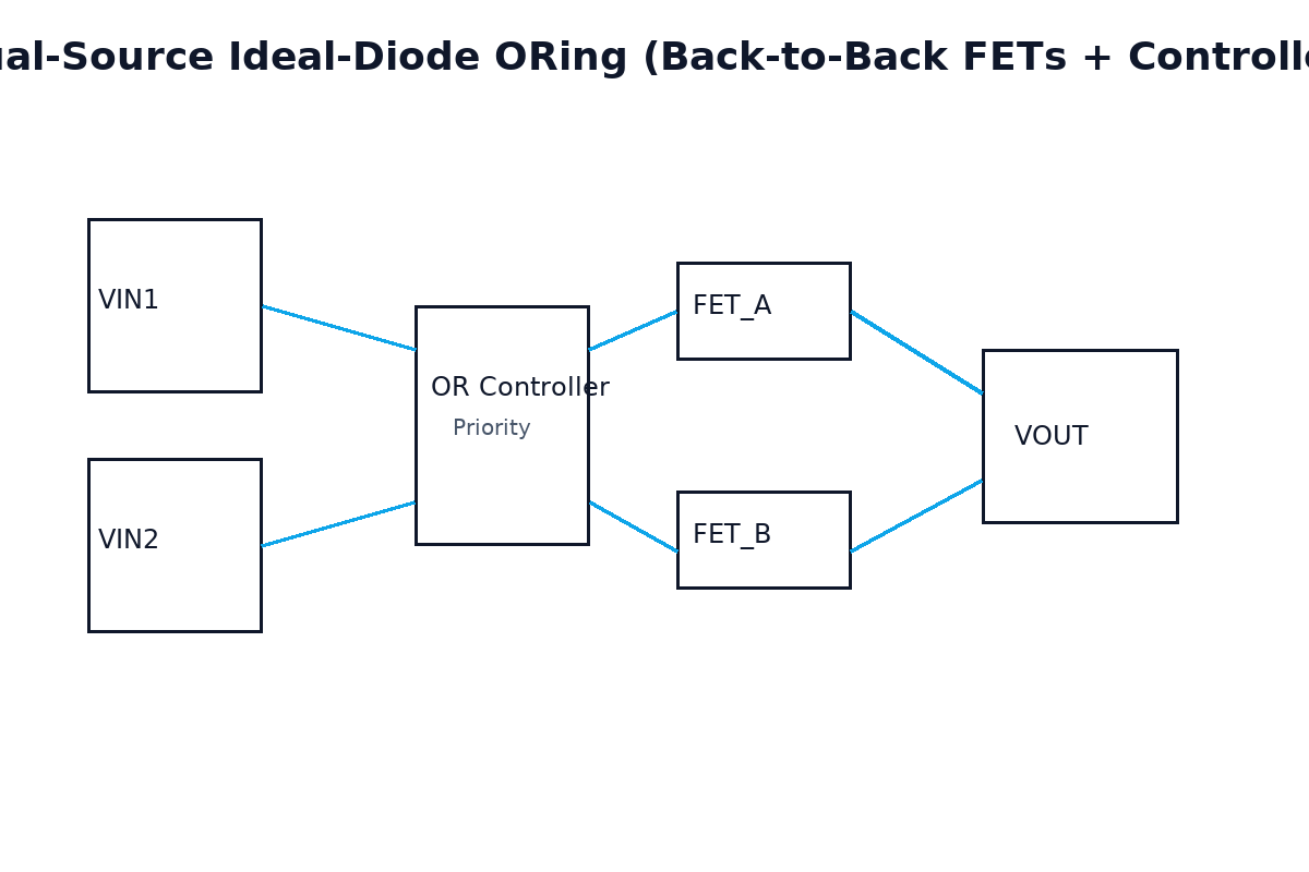 Dual-source ideal-diode ORing using back-to-back MOSFETs with a controller and priority logic.