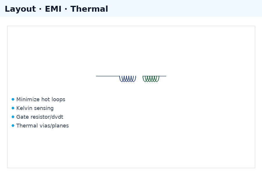 Power layout considerations: minimizing current loops, ensuring thermal management, and controlling EMI in power circuits.