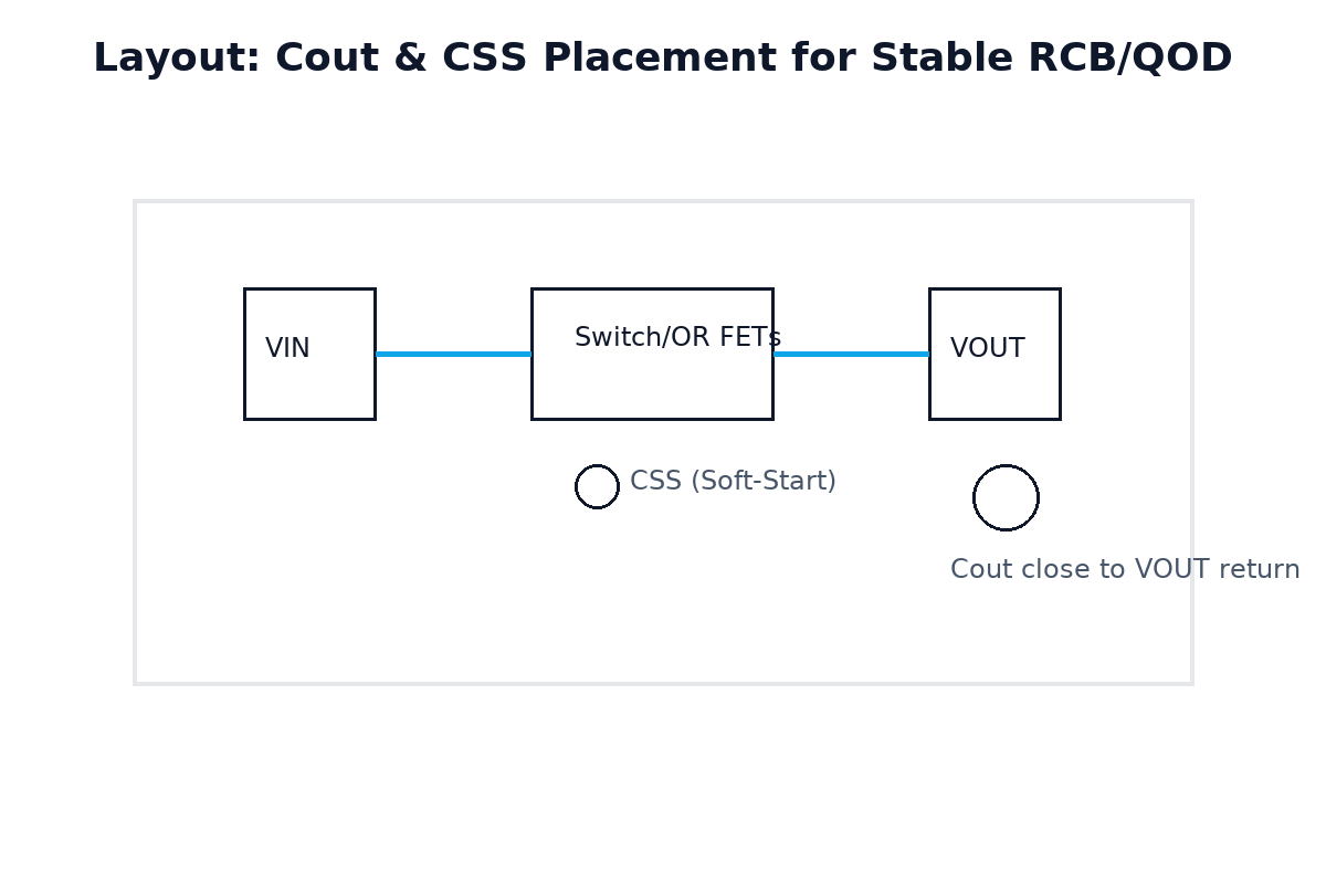 Place Cout near VOUT return; keep VIN–FET–VOUT loop tight; put CSS near EN to stabilize slew; route clean sense/ground for comparators.