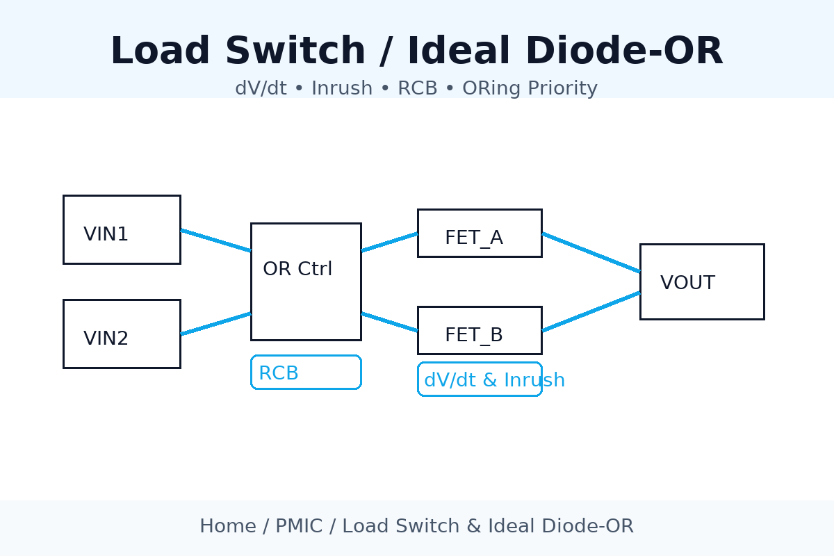 Load Switch / Ideal Diode-OR cover with dual sources, OR controller, back-to-back FETs, and VOUT; highlights dV/dt, inrush, and RCB.