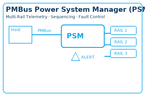 Host over PMBus to a PSM with NVM/ADC blocks and three power rails using PG/ALERT signaling