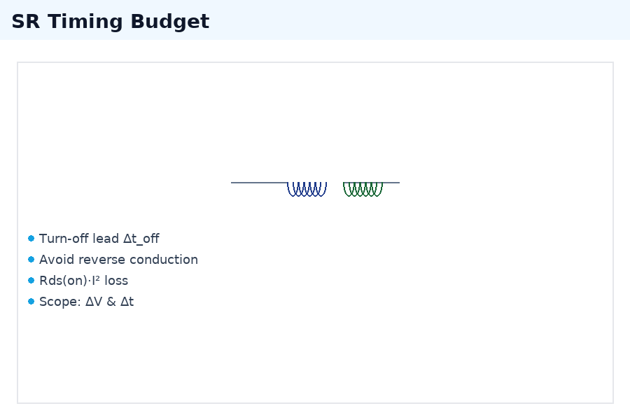SR driver timing and conduction window to prevent reverse conduction, with loss estimation.