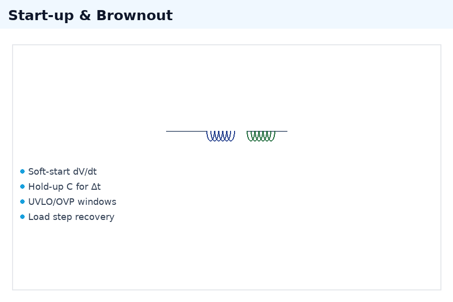 Startup sequence and brownout protection: voltage ramping and current handling for a stable power-up.