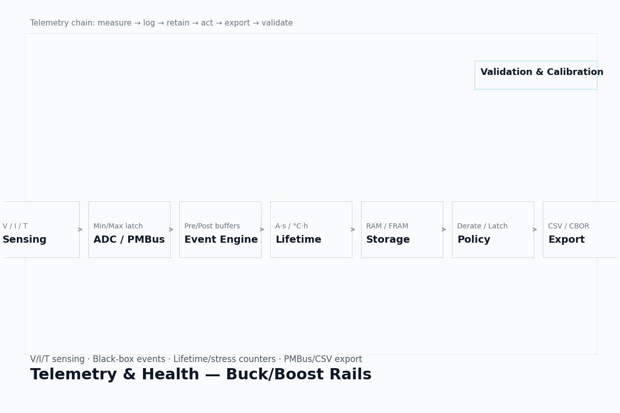 Cover block diagram for ‘Telemetry & Health’ in buck/boost regulators: Sensing (V/I/T) → ADC/PMBus → Event Engine → Lifetime Counters → Storage → Policy Actions → Export → Validation.