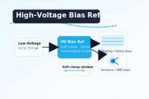 High-voltage bias reference from a 3.3 V/5 V rail through an HV bias block with soft-clamp window feeding display and sensor/APD bias loads.