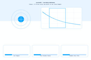 Low-drift, low-noise reference cover with target-style drift icon, highlighted 0.1–10 Hz noise band and three cards for tempco, noise and long-term drift.