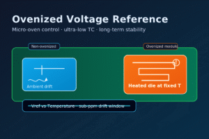 Ovenized voltage reference module on a PCB with internal heater loop and sub-ppm drift indicator.