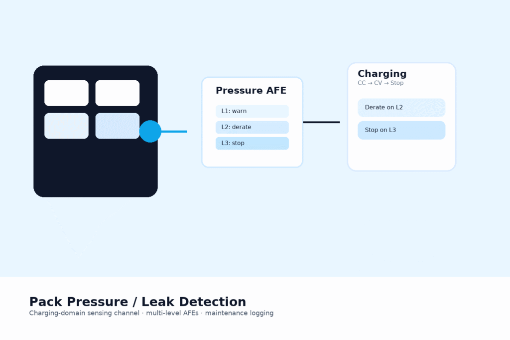 Pack pressure and leak detection channel for battery charging BMS with multi-level AFE and maintenance logging.