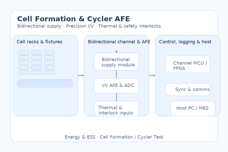 Cell Formation & Cycler AFE – Precision I/V & Safety Control