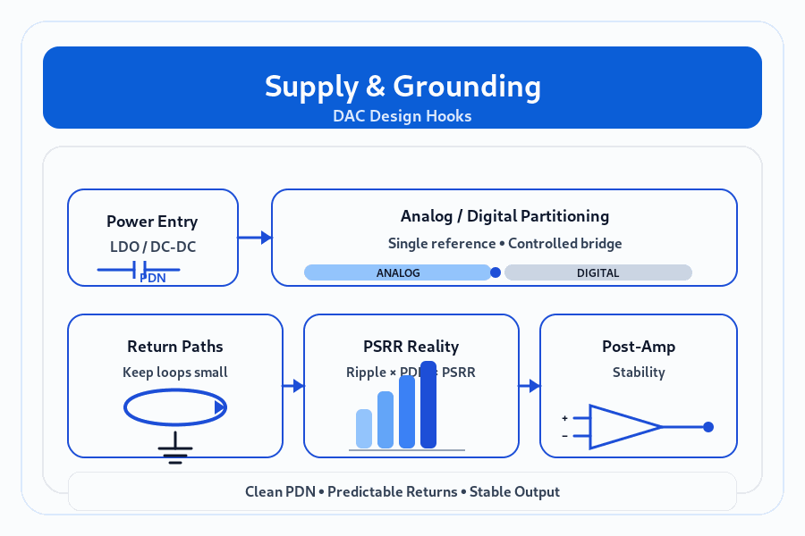 DAC Supply & Grounding: PDN, Return Paths, PSRR