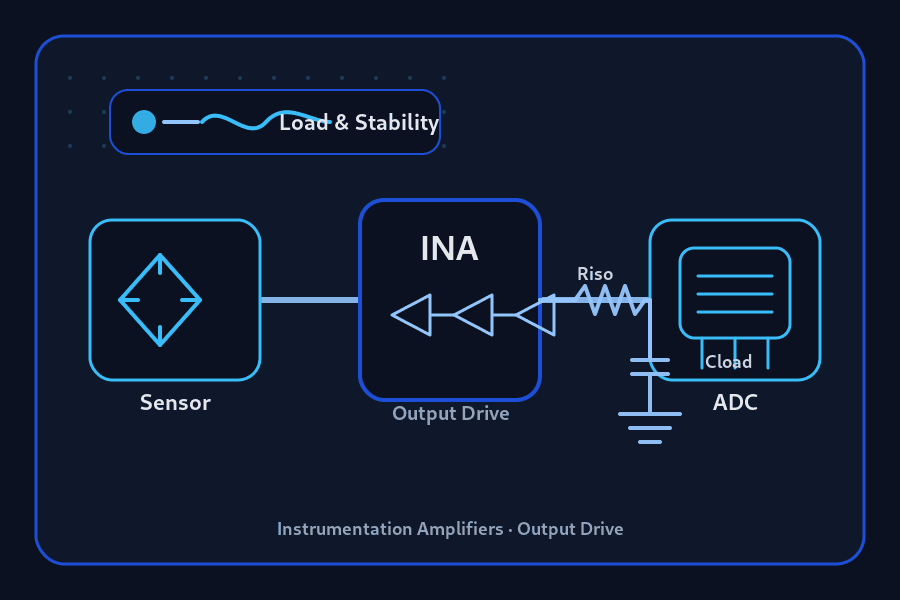 INA Output Drive & Stability: Loads, Cload, ADC Drive