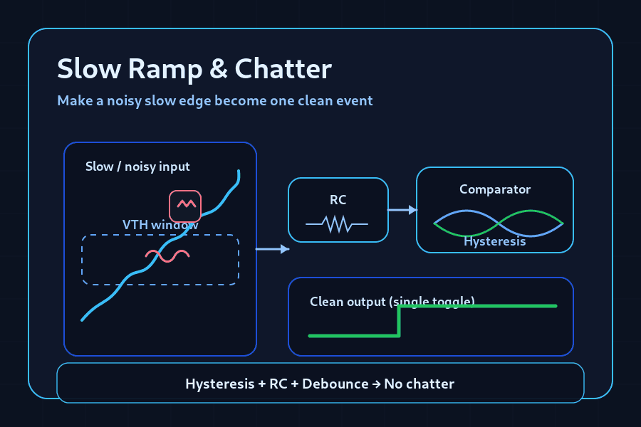 Slow Ramp Chatter Fix: Comparator Hysteresis & RC