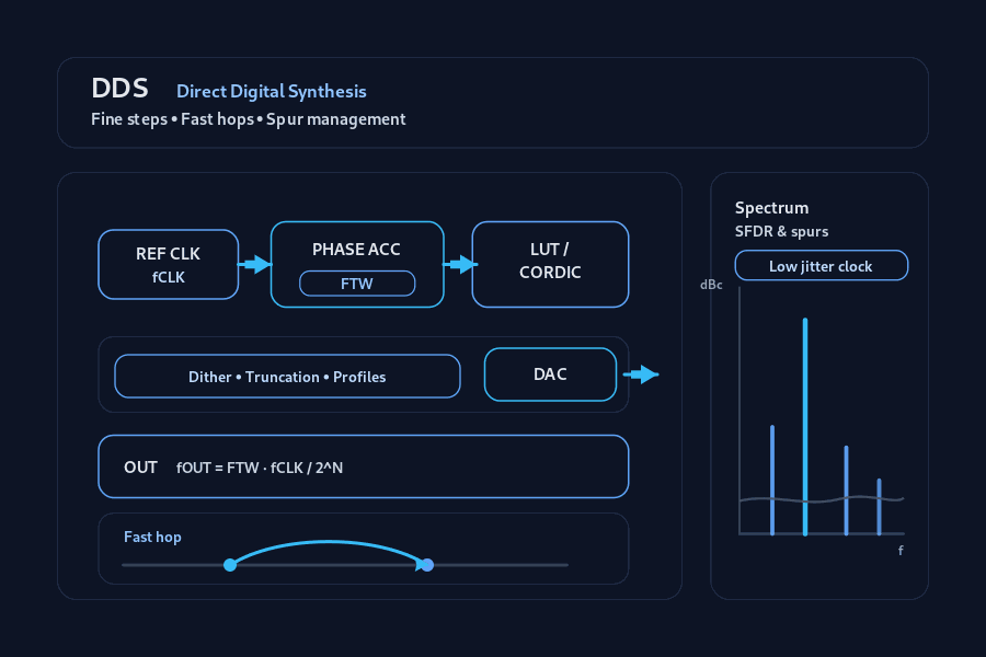 DDS Direct Digital Synthesis: Spurs, Jitter, Fast Hops