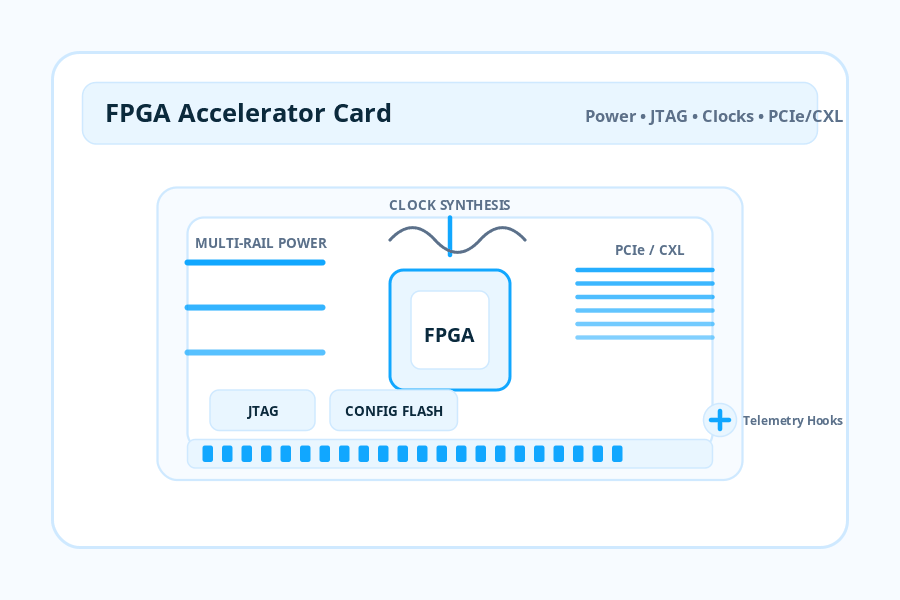 FPGA Accelerator Card: Power, JTAG, Clocks, PCIe/CXL