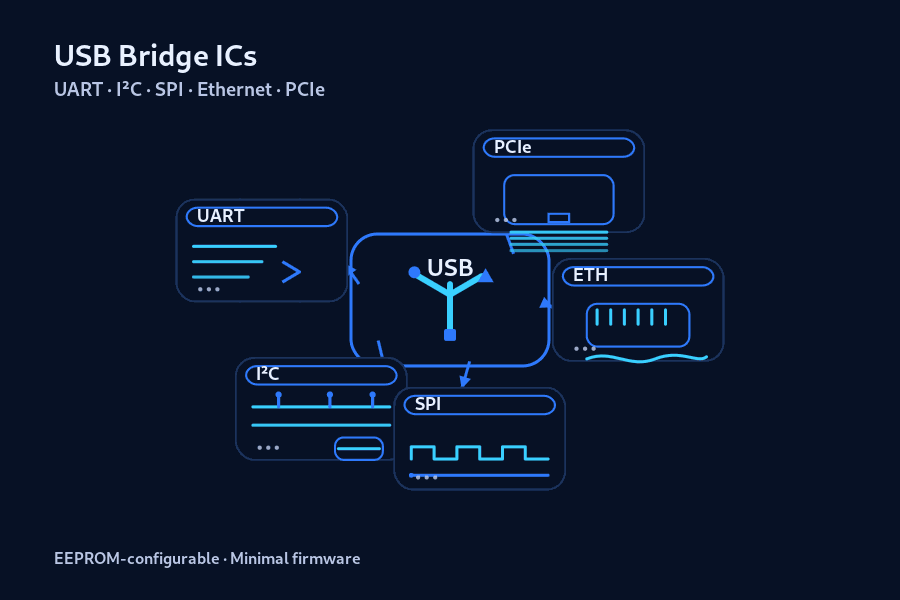 USB Bridge ICs: UART, I2C, SPI, Ethernet, PCIe