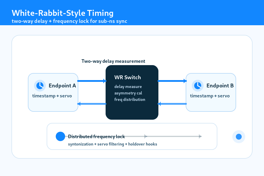 White Rabbit Timing: Sub-ns Sync via Two-Way Delay