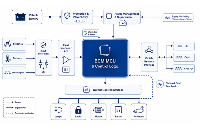 Automotive BCM architecture block diagram showing power management, input interfaces, MCU, LIN and CAN networks, output drivers and diagnostic feedback