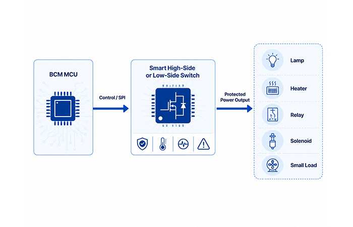 BCM MCU connected through a smart high-side or low-side switch to automotive lamps, heaters, relays, solenoids and small loads