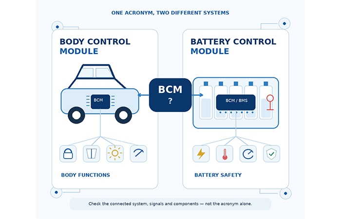Comparison between a Body Control Module for vehicle body electronics and a Battery Control Module for battery-pack monitoring and protection