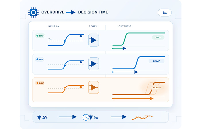 Comparator propagation delay variation under high, medium, and low input overdrive conditions
