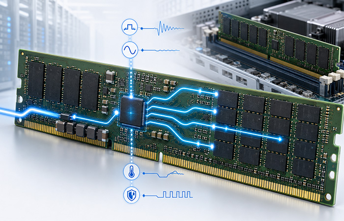 DDR5 server memory module showing on-DIMM PMIC power delivery, local voltage rails and reliable data center operation