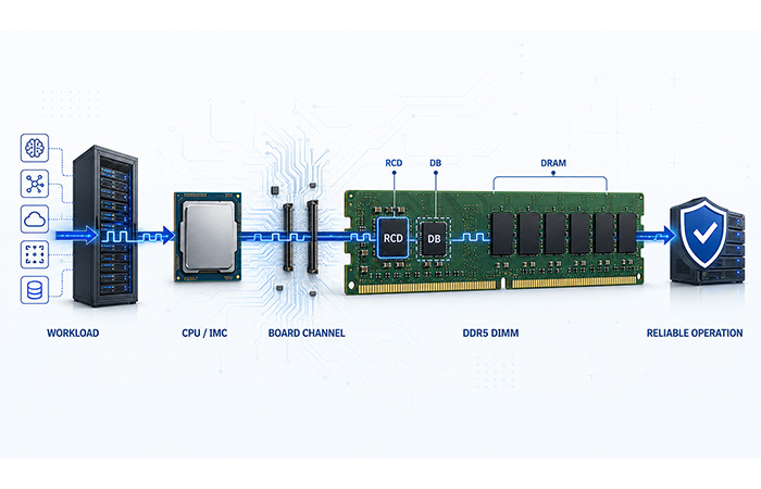 DDR5 server memory signal chain from data center workload through CPU IMC, board channel, DDR5 RDIMM, RCD or data buffer, and DRAM to reliable operation