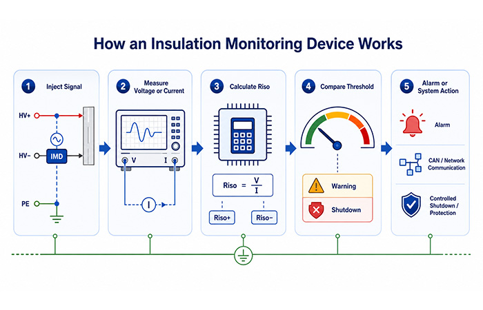 Five-step process showing how an insulation monitoring device measures and responds to insulation resistance