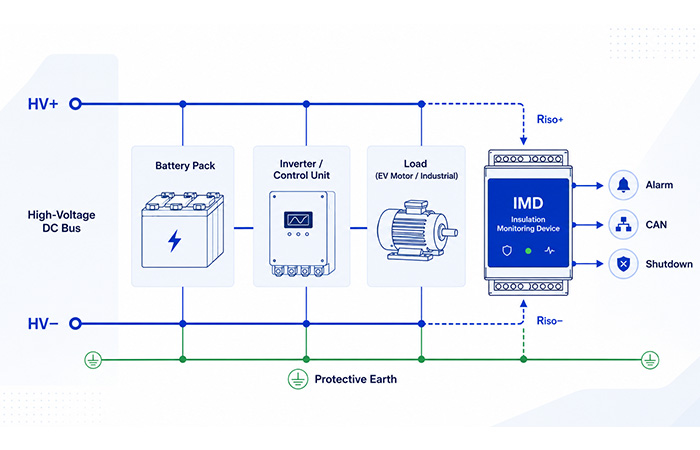 Insulation monitoring device measuring insulation resistance between high-voltage conductors and protective earth