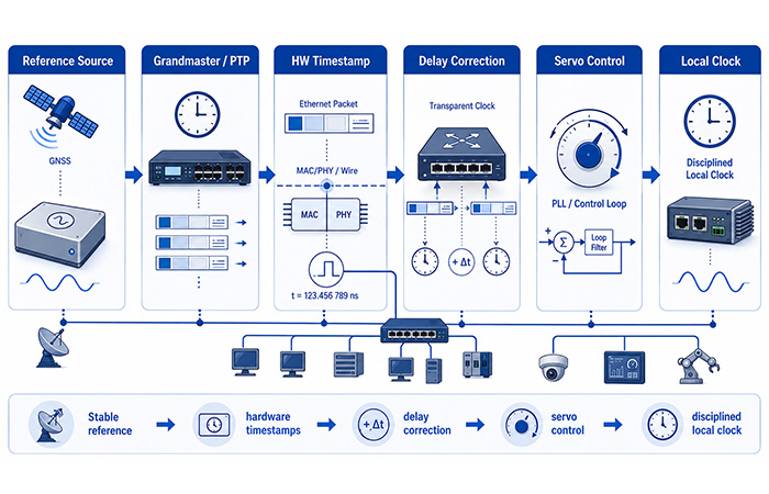 Precision timing chain showing a reference clock, IEEE 1588 hardware timestamping, network delay correction, servo control, and a disciplined local clock