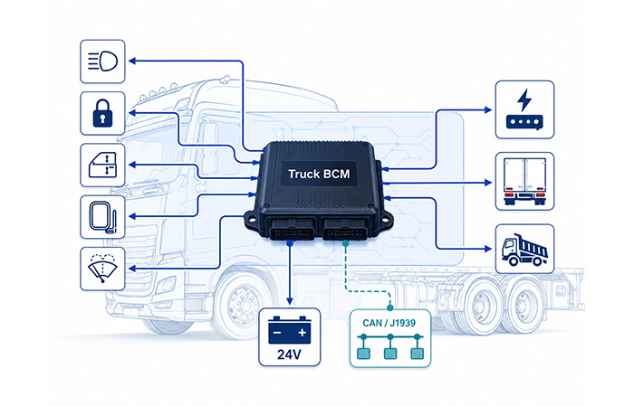 Truck body control module showing 24V power, CAN J1939 communication, cab lighting, door locks, windows, mirrors, wipers and auxiliary load control