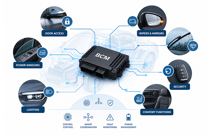 Body control module coordinating door access, power windows, lighting, mirrors, wipers, security, and comfort functions in a car