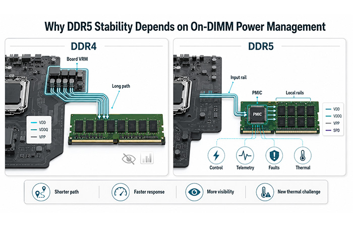 DDR4 motherboard power regulation compared with DDR5 on-DIMM PMIC power management, showing local DDR5 rails, telemetry, thermal behavior, and fault monitoring